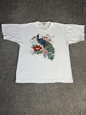 Vintage Made In Japan Shirt Mens XL White Peacock Floral Graphic Crew Neck